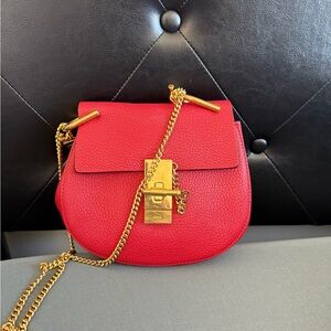 Chloe Red Pebbled Leather Chain Shoulder Bag - Gold Hardware
